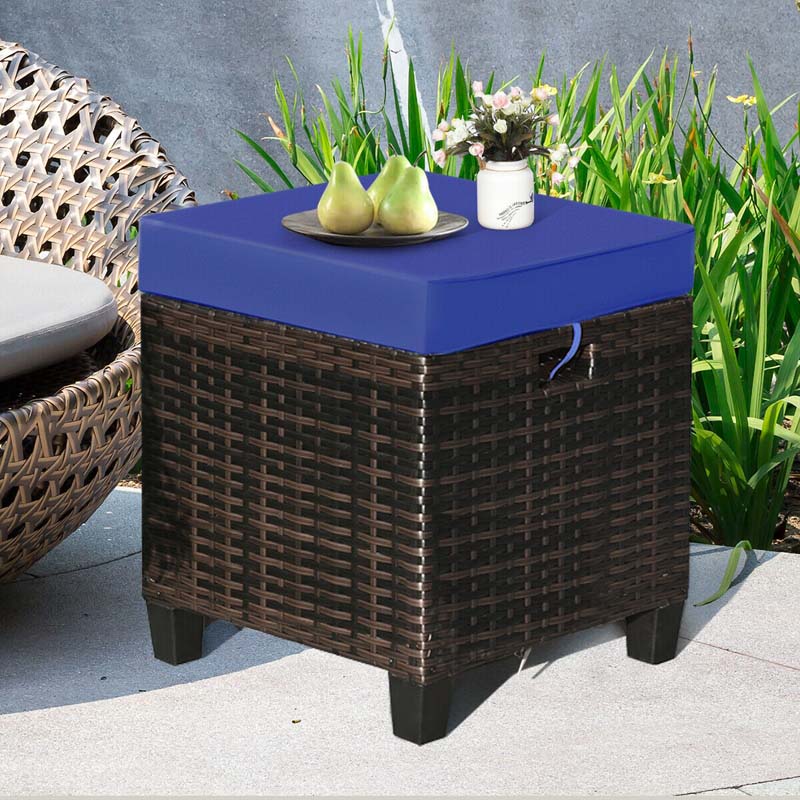 2 Pcs Rattan Patio Ottoman Set with Removable Cushions, All Weather Wicker Outdoor Footstool Footrest Seat