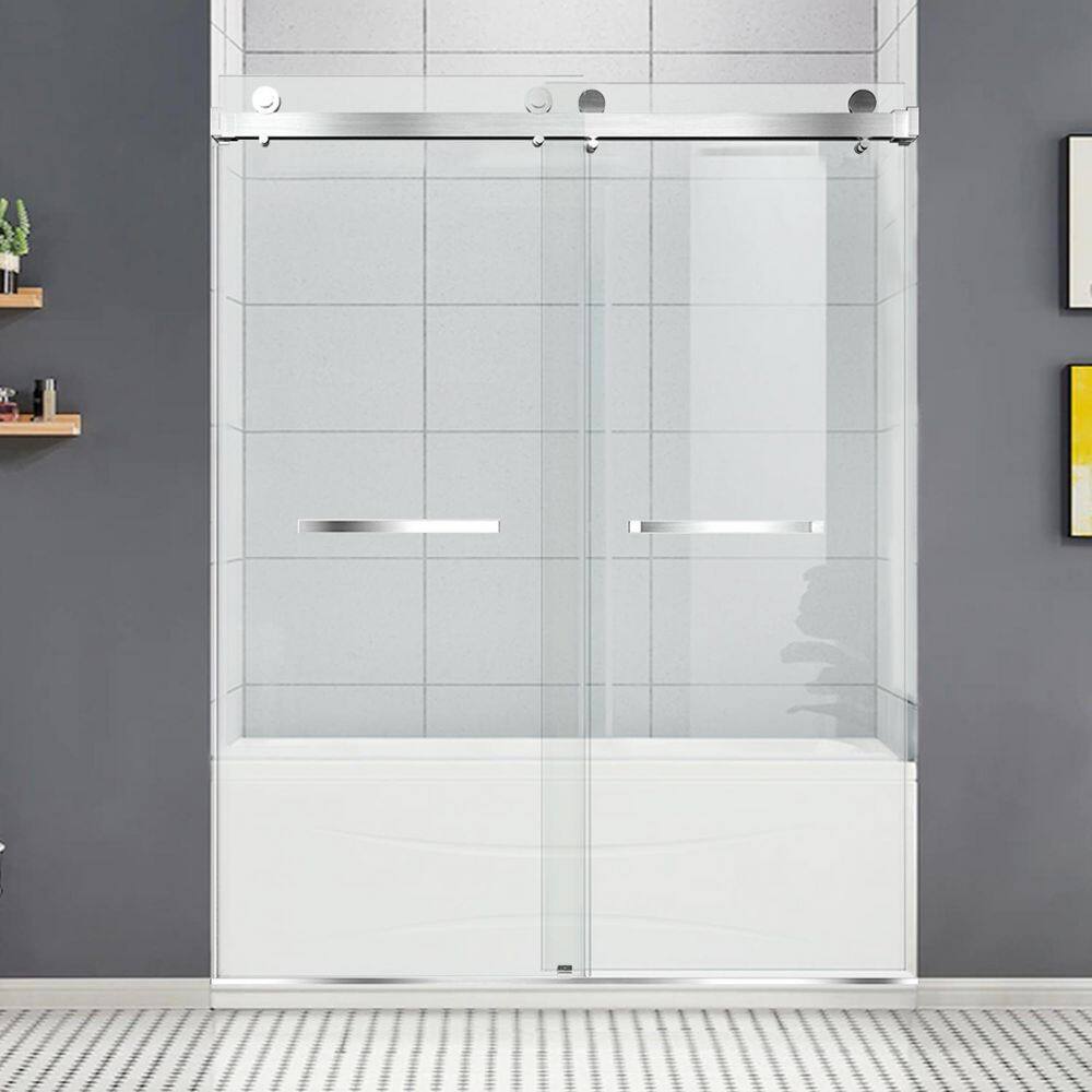 ANGELES HOME 66 in.-72 in. W x 76 in. H Trackless Double Soft Close Sliding Frameless Shower Door Brushed with Clean Tempered Glass CKDS017276BR