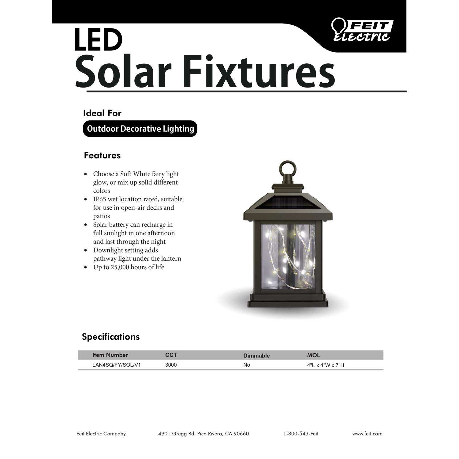 Feit 4 in. Solar Power Metal Square Coach Lantern Solar Lantern Black