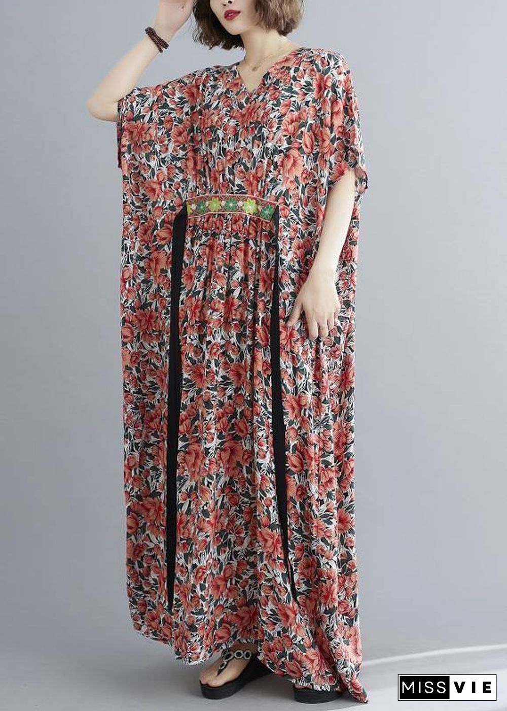 Style Red Print Button Summer Cotton Dress