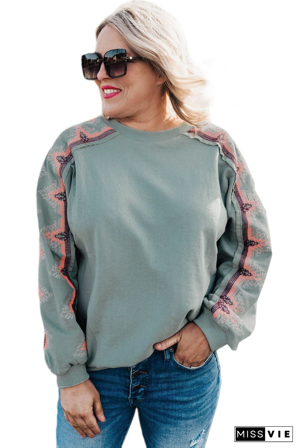 Sky Blue Plus Size Embroidered Patchwork Long Sleeve Sweatshirt