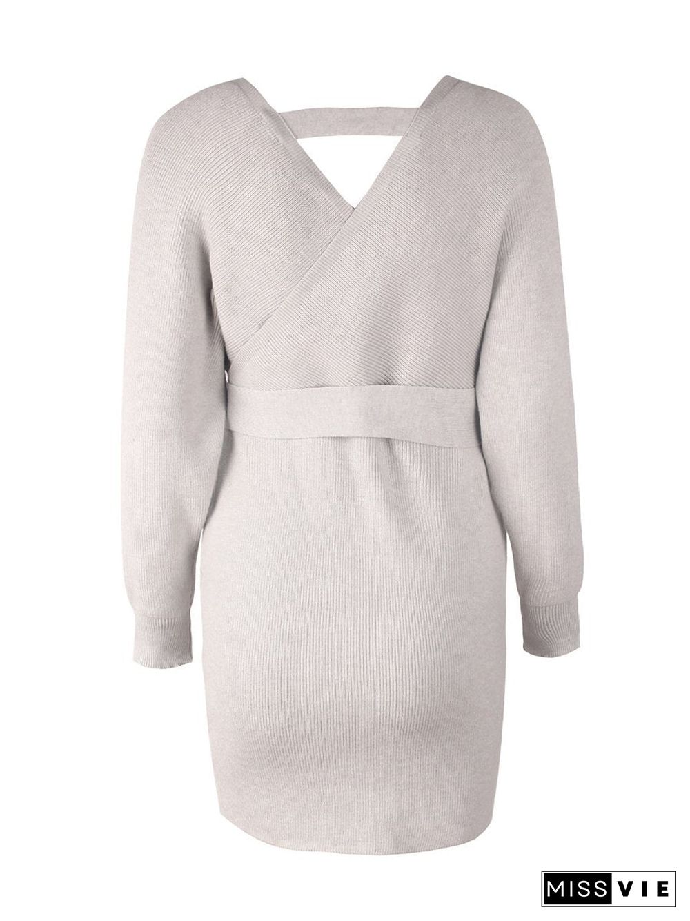 V-Neck Knit Waist Belt Long Sleeves Sweater Dress