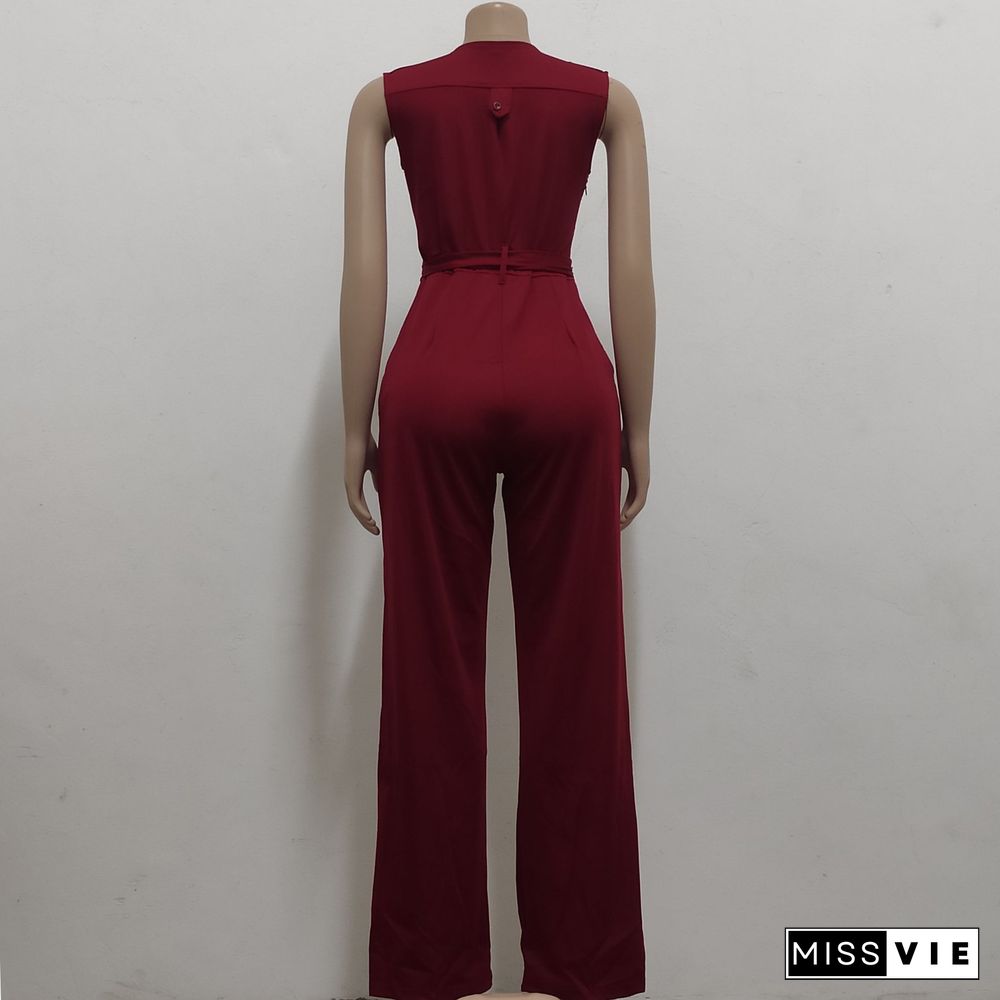 V Neck with Sashes Elegant Straight Leg Jumpsuits