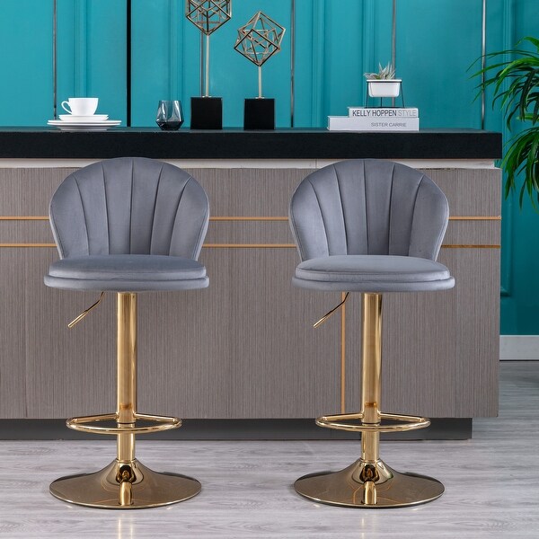 Modern Bar Stools Set of 2 Adjustable Mechanical Lifting Velvet and Golden Leg Bar Stool， Chrome Footrest and Base Swivel Height