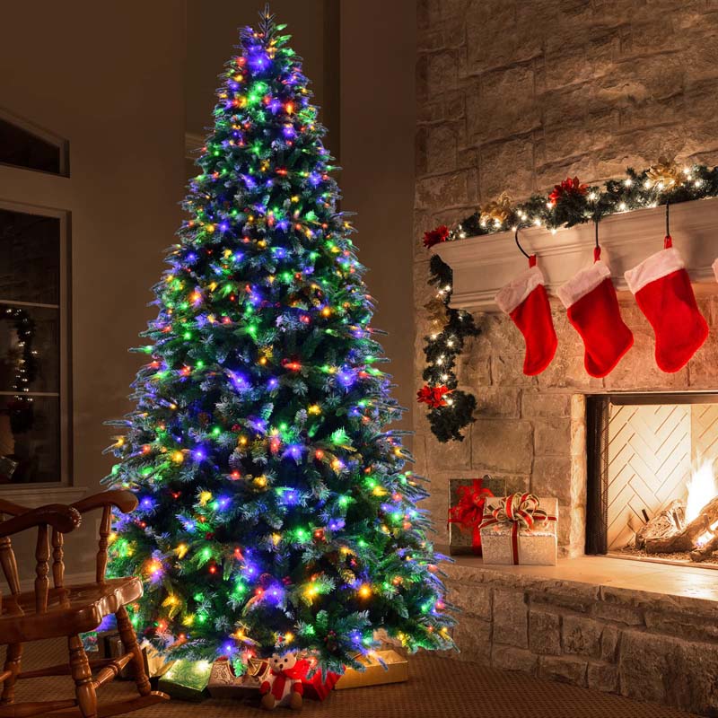 5/6/7/9FT Snowy Leaves Pre-Lit Hinged Artificial Christmas Tree with 11 Flash Modes & Multi-Color Lights