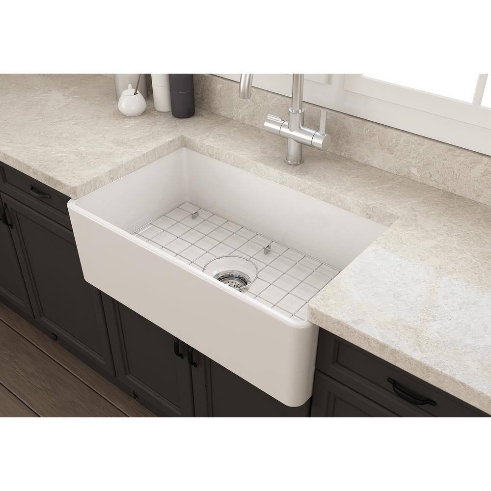 Glacier Bay Farmhouse Apron-Front Fireclay 30 in. Single Bowl Kitchen Sink in White with Bottom Grid 3ABRB-38-001