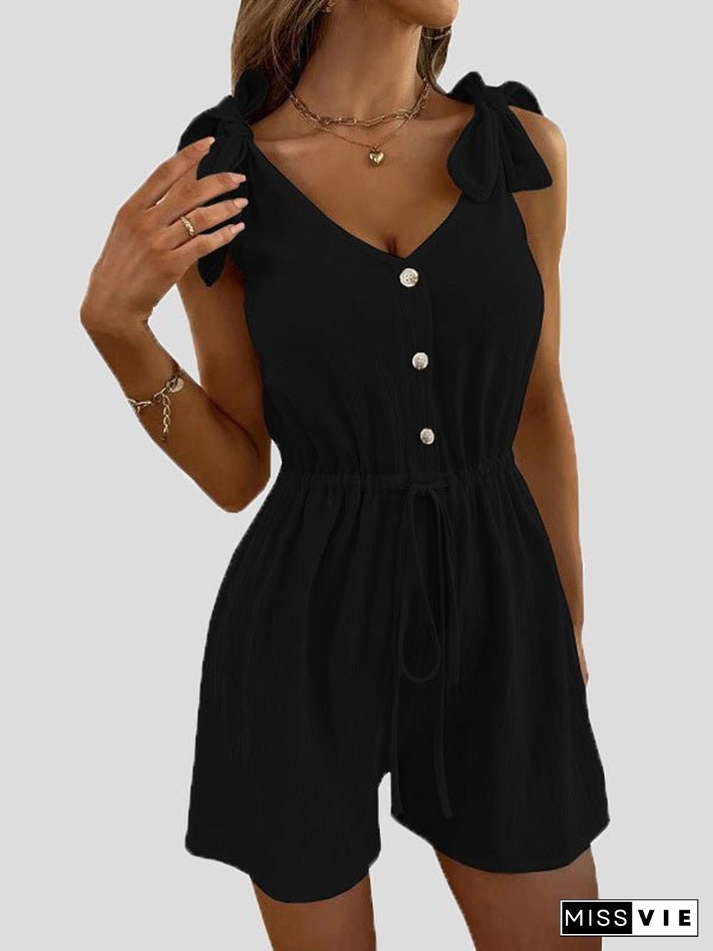 Women'S Jumpsuits Solid V-Neck Button Belted Jumpsuit