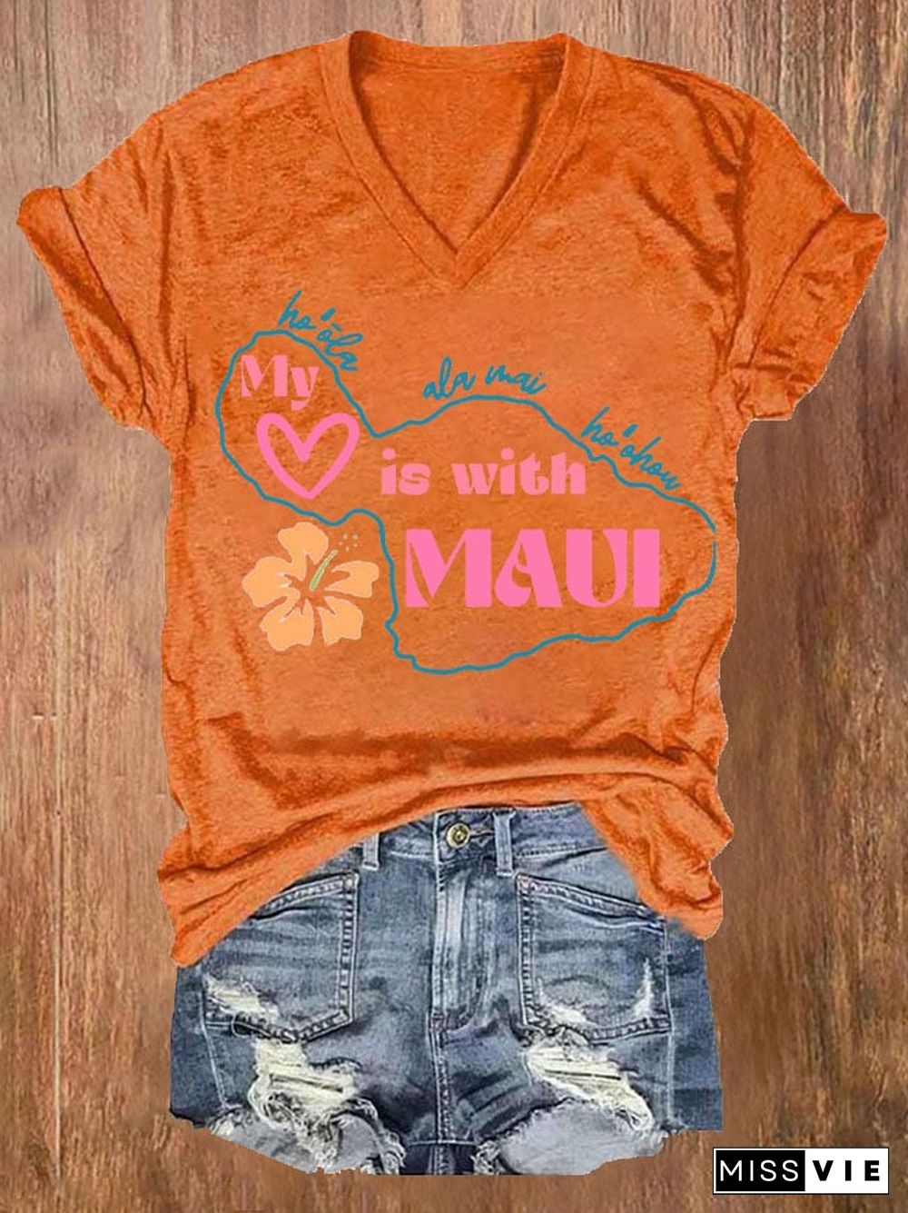 Women's Maui Strong My Heart Is With Maui Print Short Sleeve T-Shirt