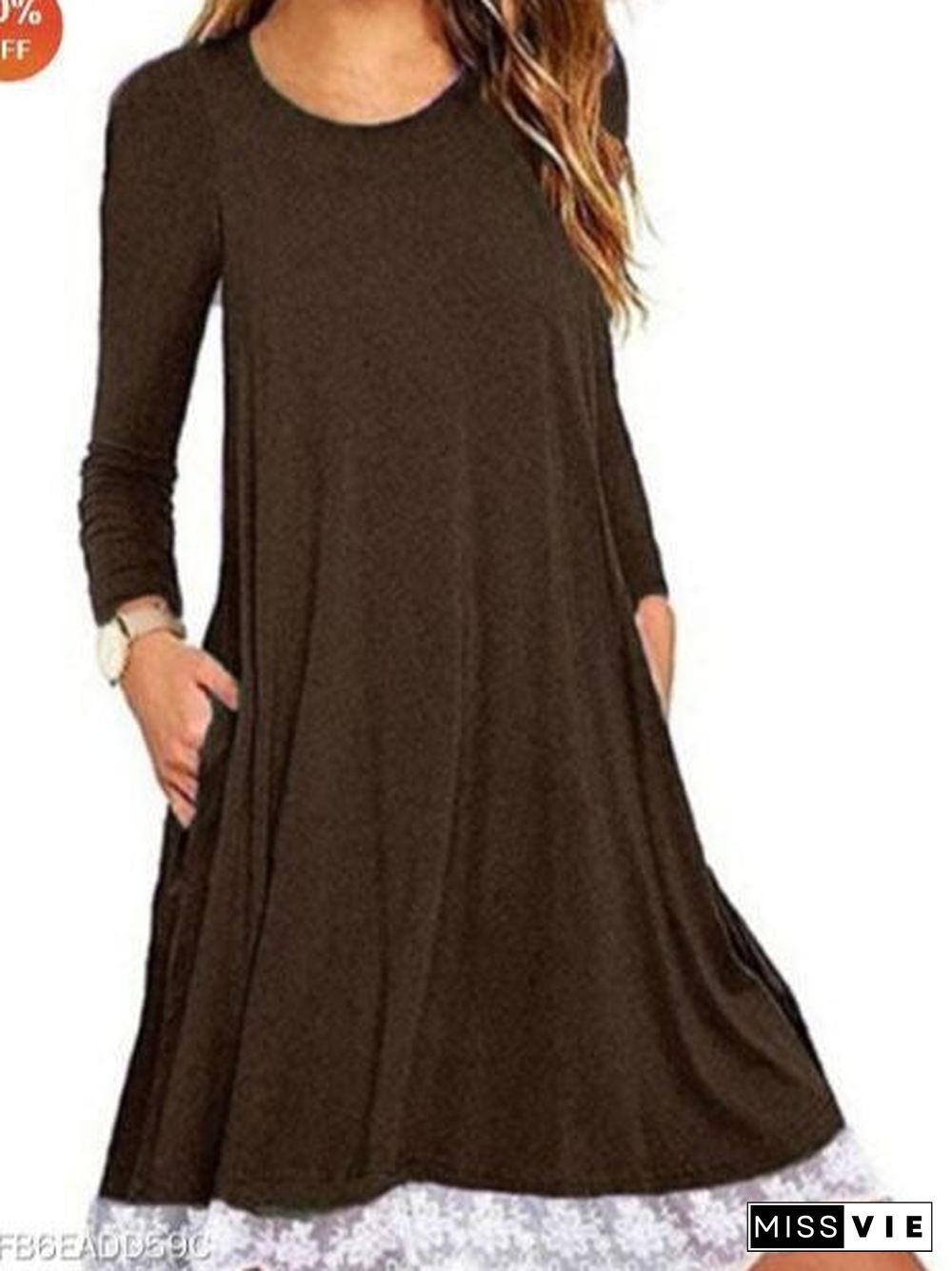 Women Scoop Neck Long Sleeve Solid Color Dress