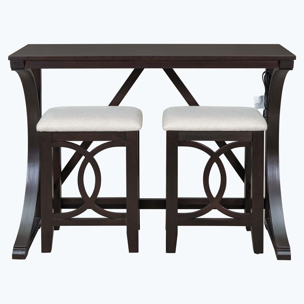 Farmhouse 3 Piece Counter Height Dining Table Set with USB Port and Upholstered Stools