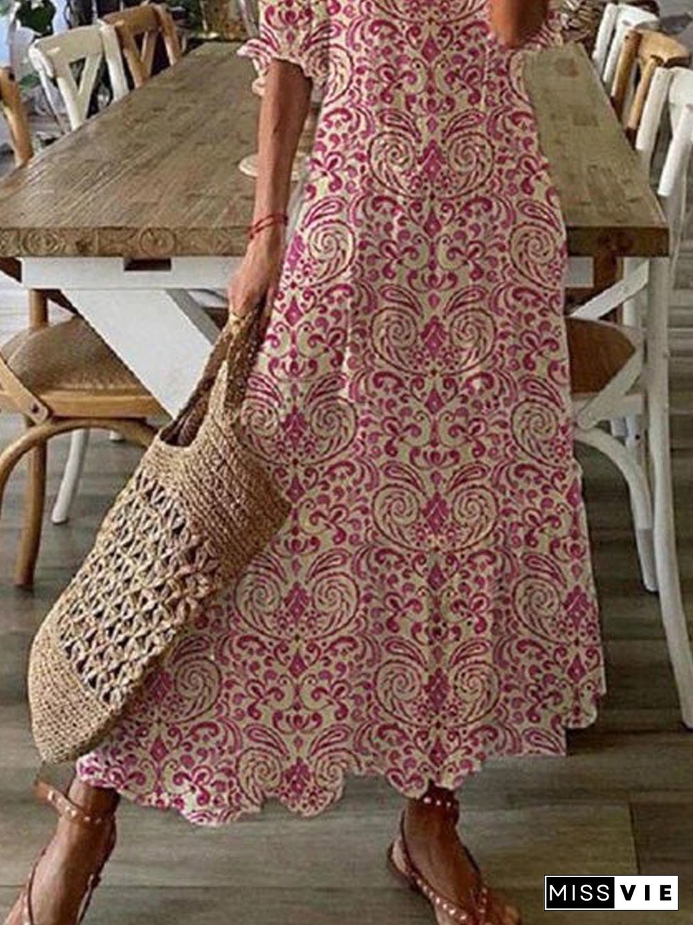 V Neck Loosen Tribal Floral Boho Dresses