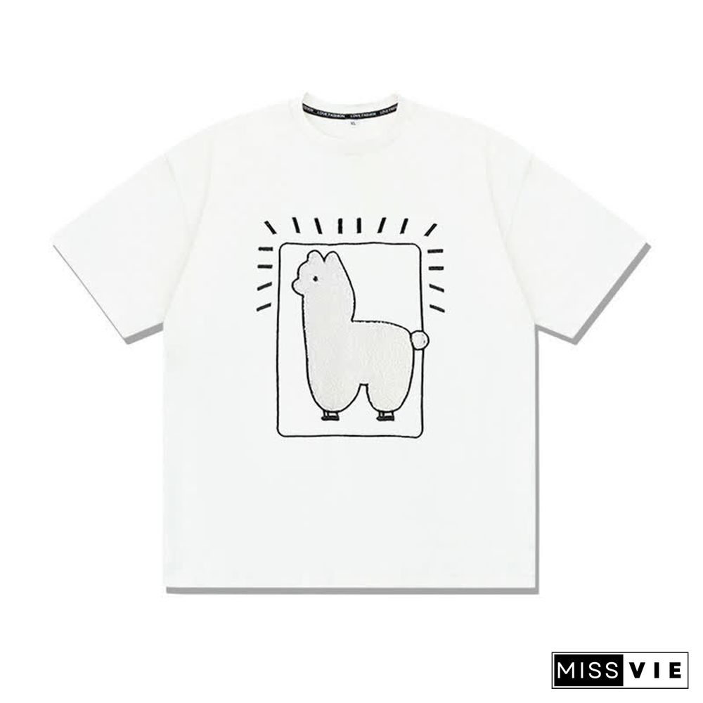 Cartoon Alpaca Embroidery Loose T-Shirt