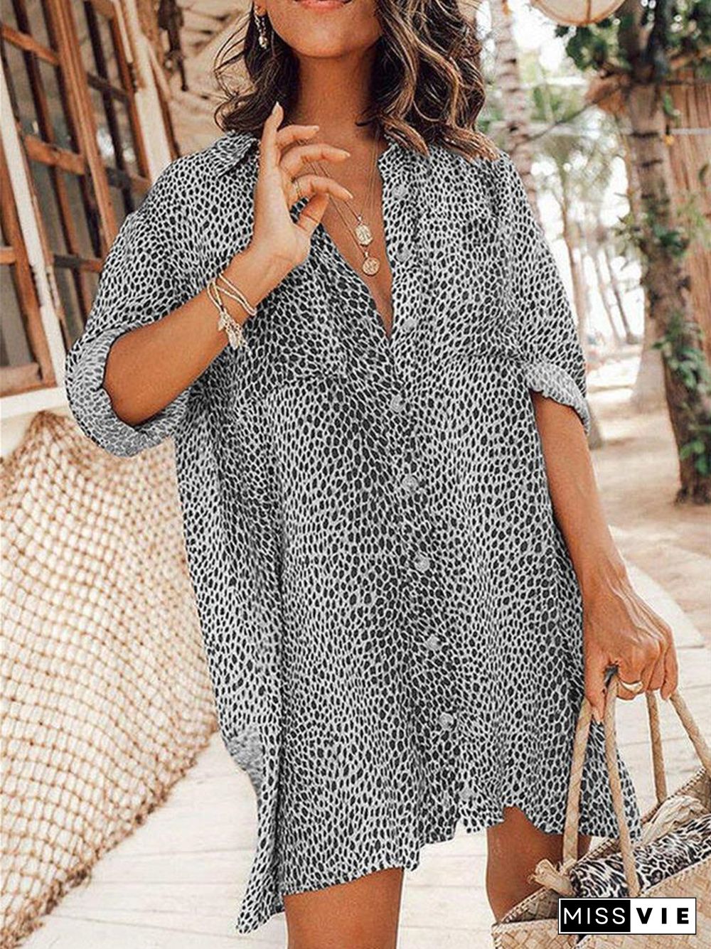 Women Long Sleeve Lapel Leopard Print Shirt Dress