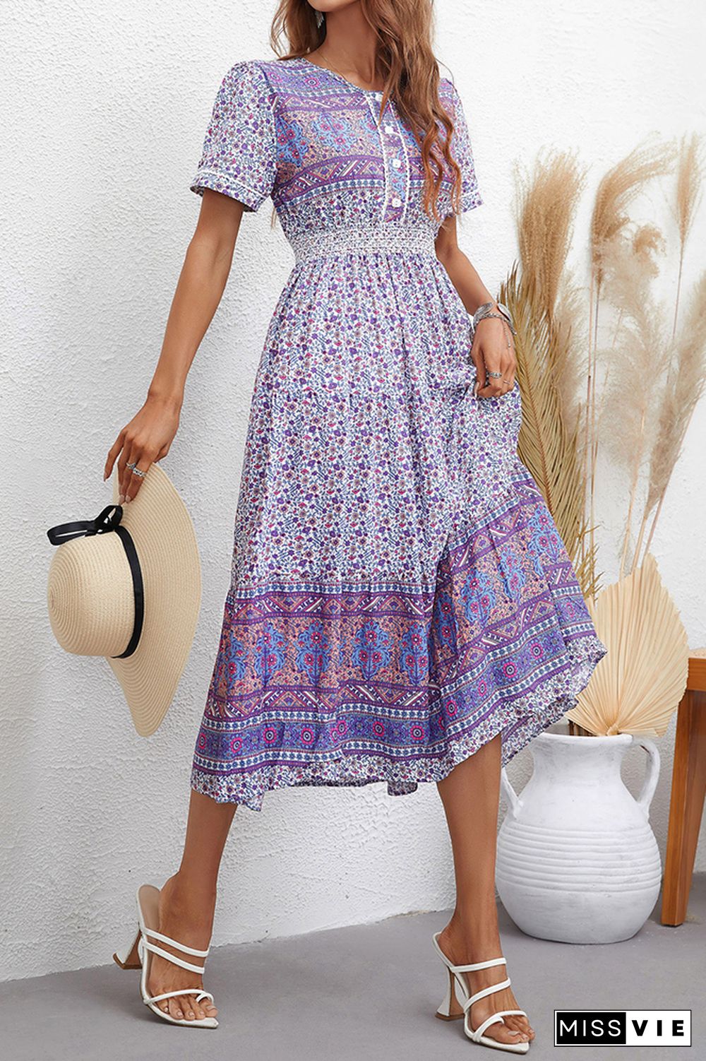 Bohemia Style Vintage Floral Print Midi Dress