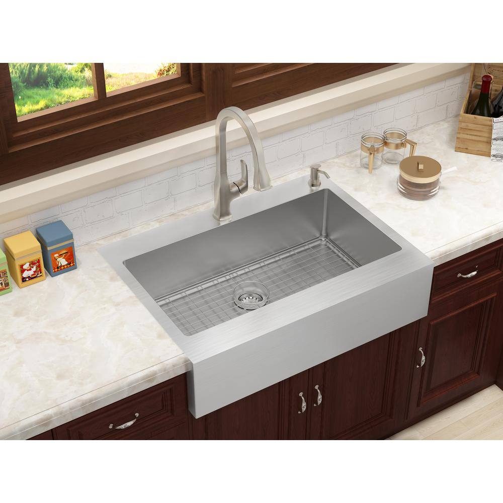 Glacier Bay Retrofit Drop-In Stainless Steel 33 in. 2-Hole Single Bowl Flat Farmhouse Apron Front Kitchen Sink 302-7352