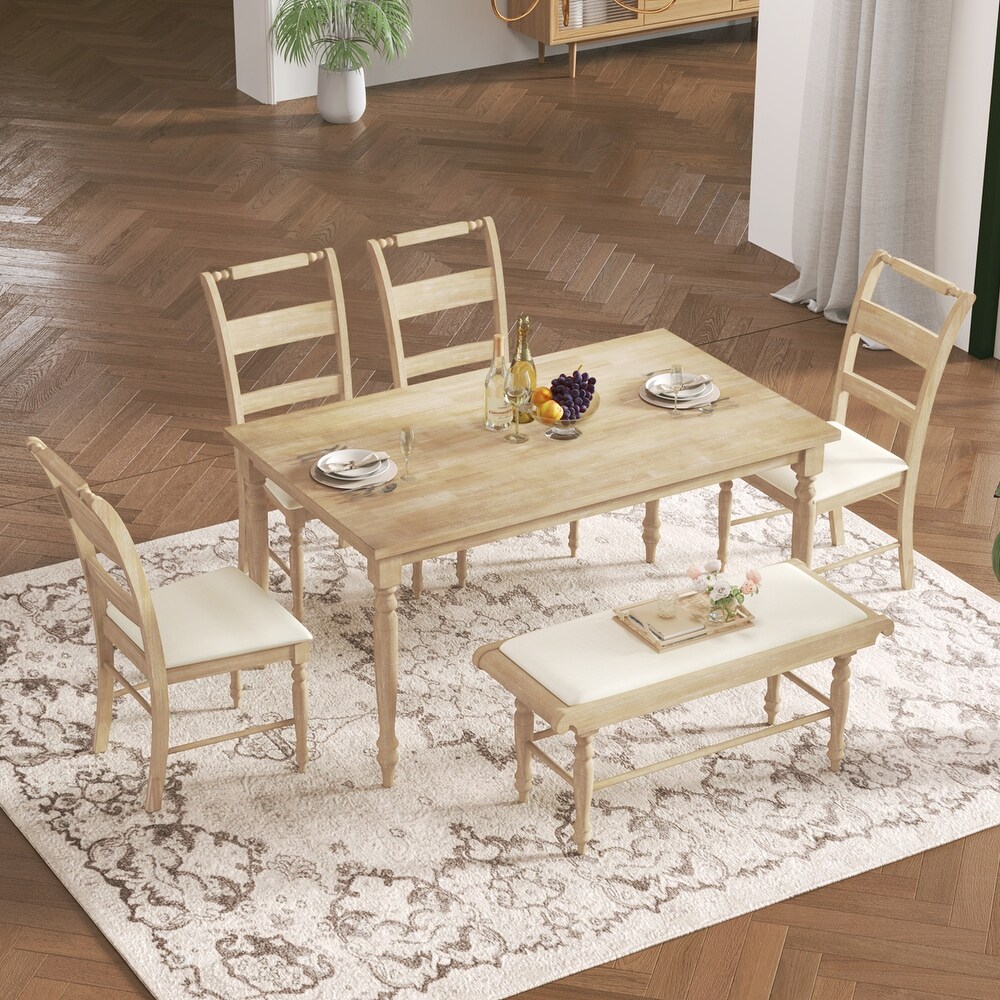 6 Peice Rectangular Dining Table Set with Upholstered Chairs   Bench