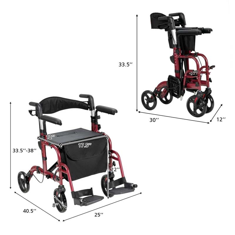 2 in 1 Rollator Walker Wheelchair Folding Medical Walker Rolling Transport Chair Mobility Walking Aid