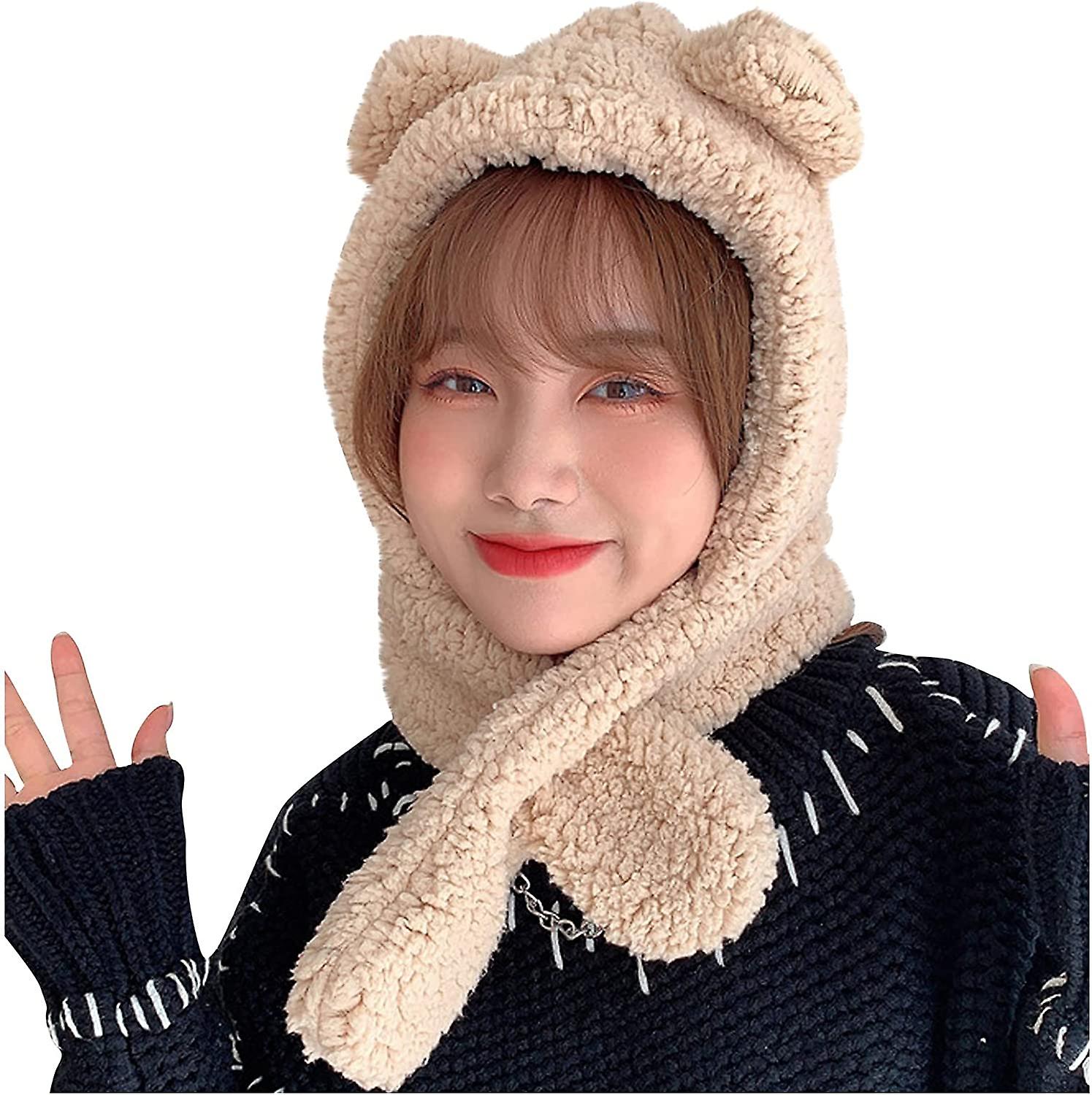 Winter Hats Bear Cap And Scarf 2 In 1 Cute Cartoon Thick Hat Protectors Warm Plush Hat Cap Women Girl Hat Khaki One Size