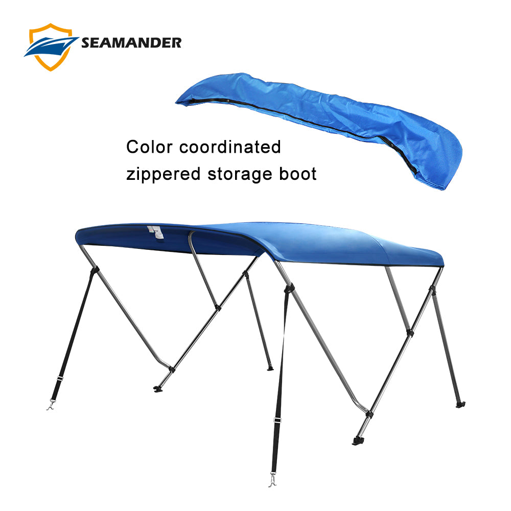 Seamander 3 Bow Bimini Top Boat Cover with Rear Support Pole and Storage Boot， Pacific Blue