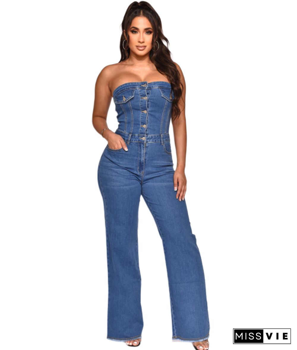 Strapless Button Up One Pieces Denim Jumpsuit