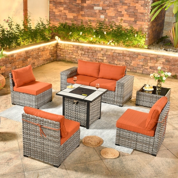 OVIOS Patio Wicker Furniture Wide Arm 7piece Fire Pit Set with Table