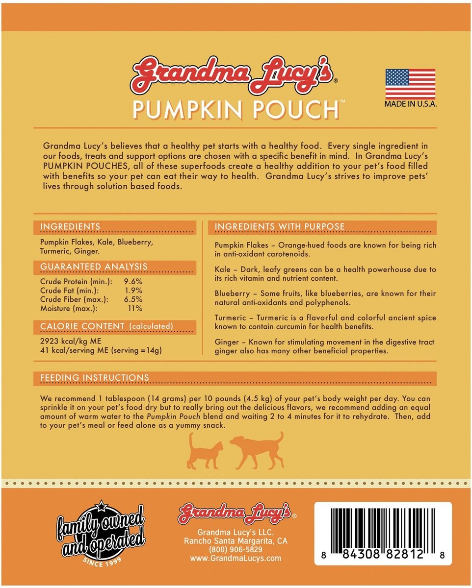 Grandma Lucy's Pumpkin Pouch Inflammation Freeze-Dried Dog and Cat Food Topper， 6-oz bag