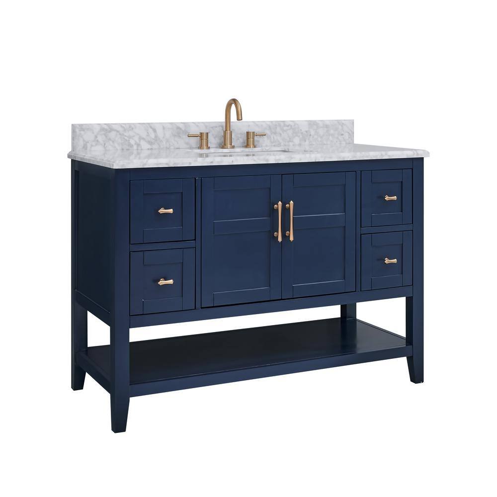 Home Decorators Collection Sturgess Open Shelf 49 in. W x 22. D x 35. H Vanity in Navy Blue with White Marble Vanity Top 19111S-VS49C-NB