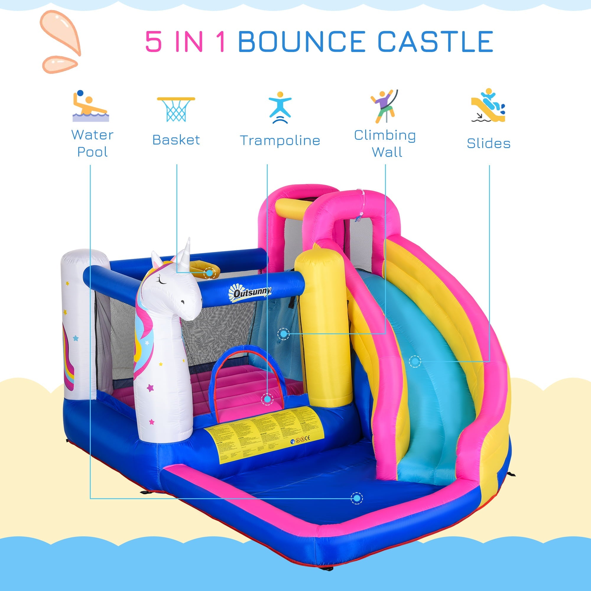 Outsunny Inflatable Water Slide 5 in 1 Bounce House Castle with Air Blower for 3-10 Years