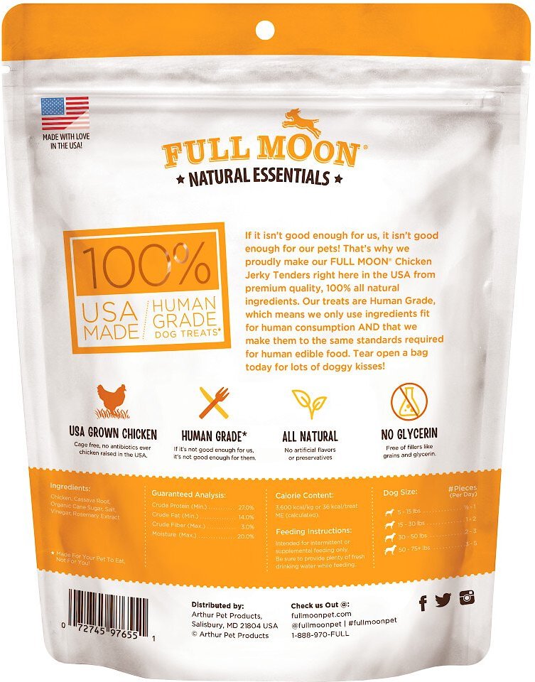 Full Moon Natural Essentials Jerky Tenders Chicken Recipe Human-Grade Dog Treats， 26-oz bag