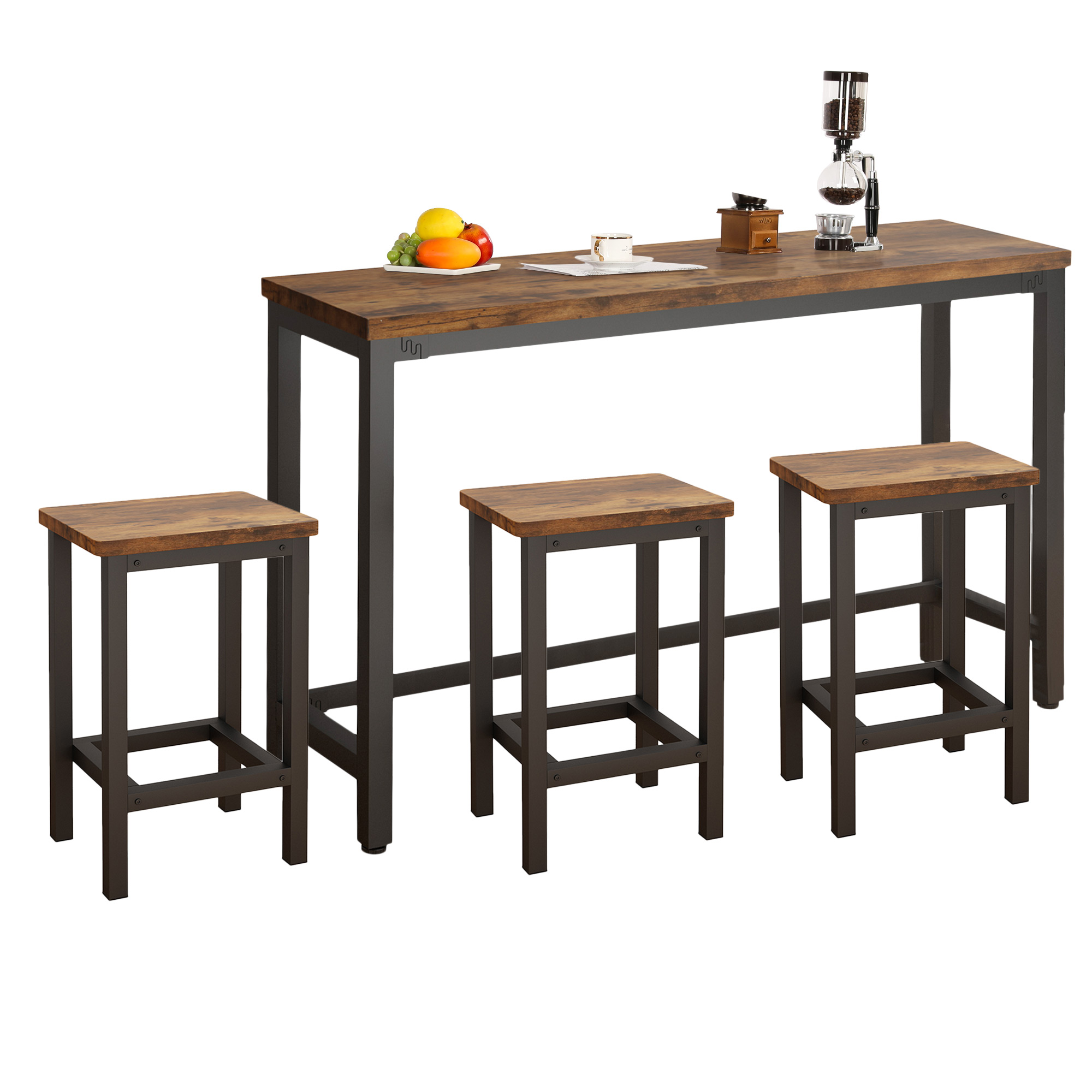 Seizeen Bar Table Set of 4， Modern Counter Height Dining Table and 3 Stools， Dark Texture Pub Bistro Set with 3 Height Stools for Small Space Kitchen Cafe Shop， Dark Brown