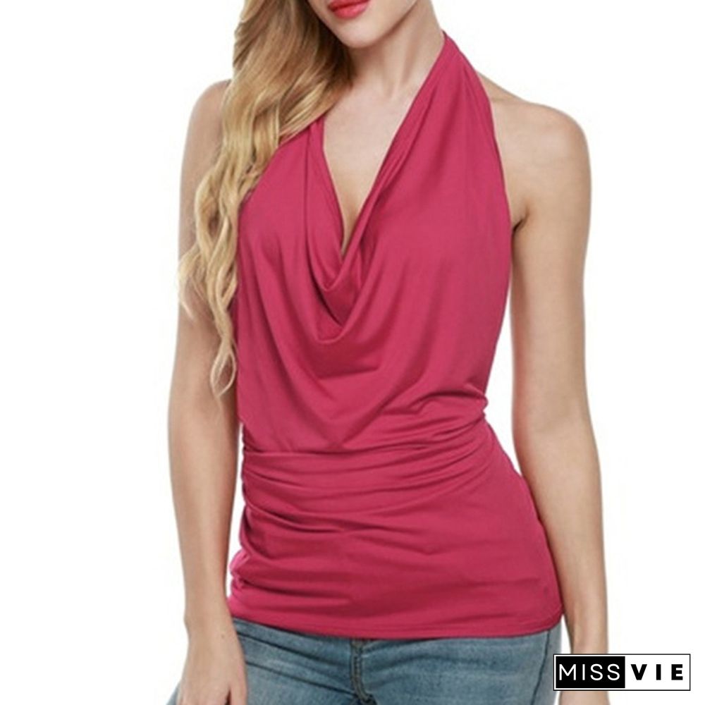 Women Sexy Halter Cowl Neck Backless Ruched Tank Tops