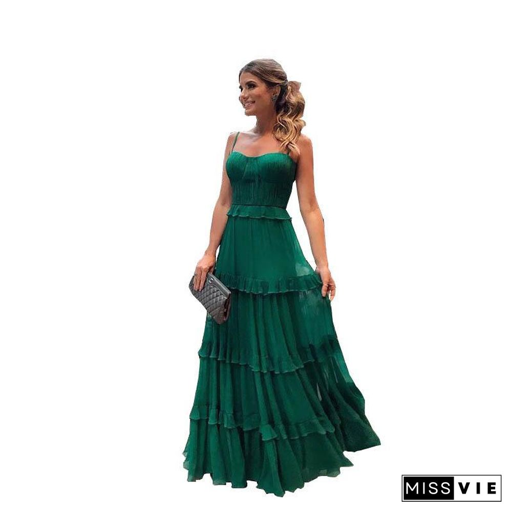 Green Chiffon Plain Open Shoulder Evening Dress