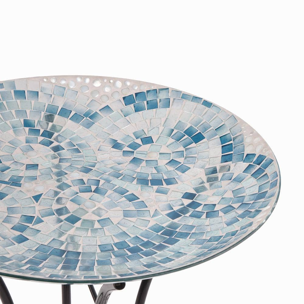 Alpine Corporation 24 in. Tall Outdoor Mosaic Style Glass Birdbath Bowl with Metal Stand, Blue HMD102A