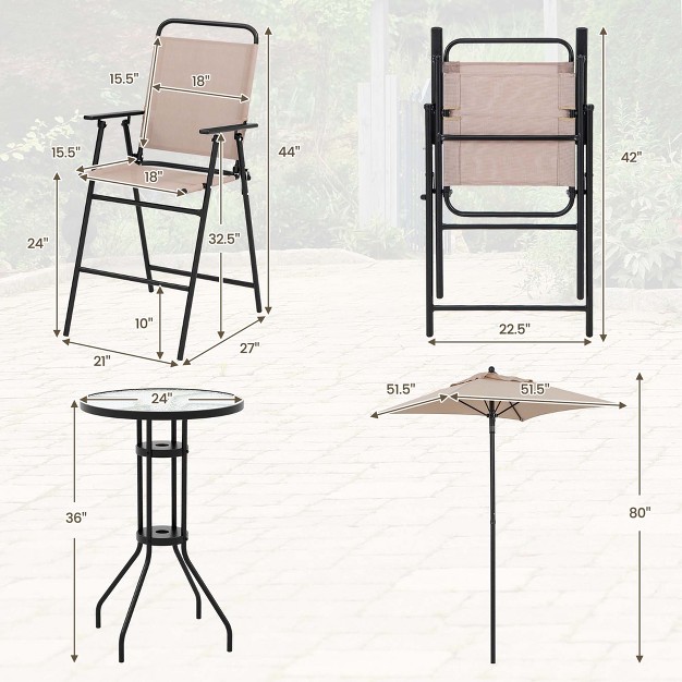 Costway 4pcs Patio Bistro Set Folding Counter Height Chairs Round Bar Table amp Umbrella