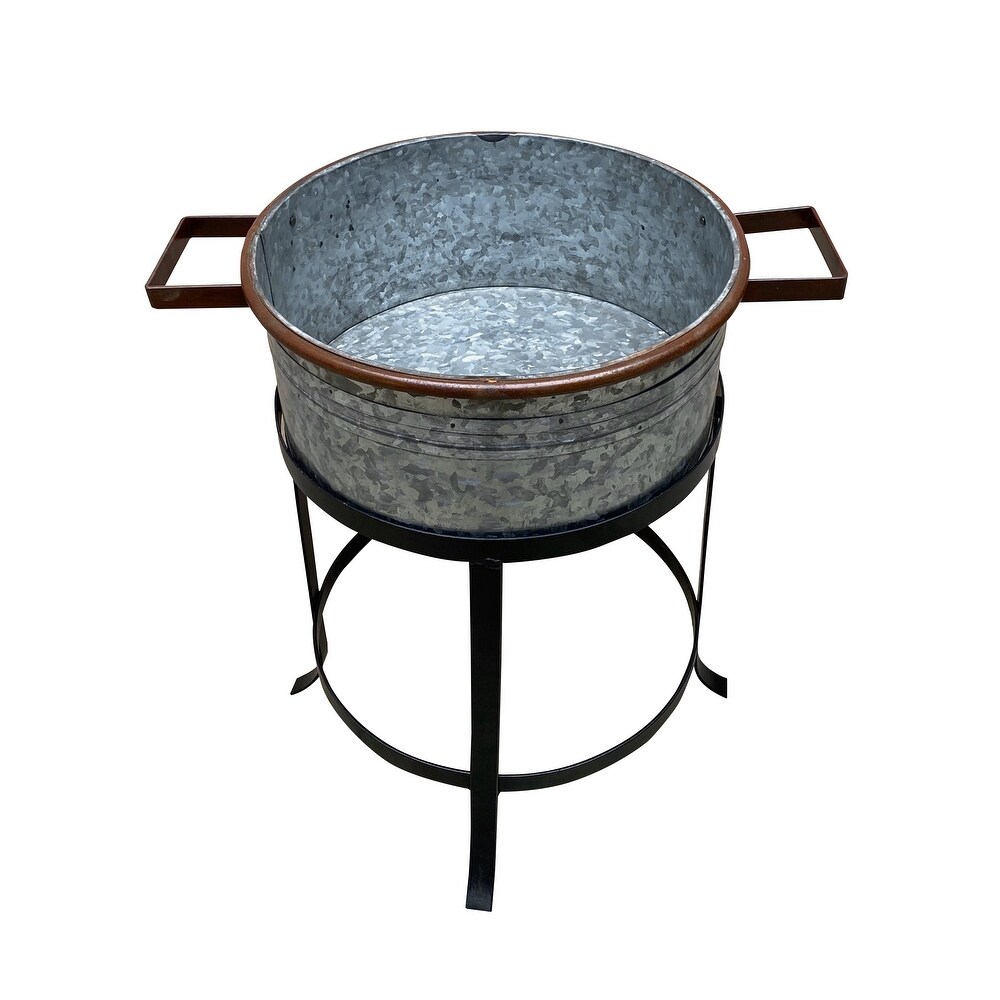 21  18  and 16 Inch 3 Piece Round Tub Metal Planter Set with Stand in Galvanized Gray and Black Iron