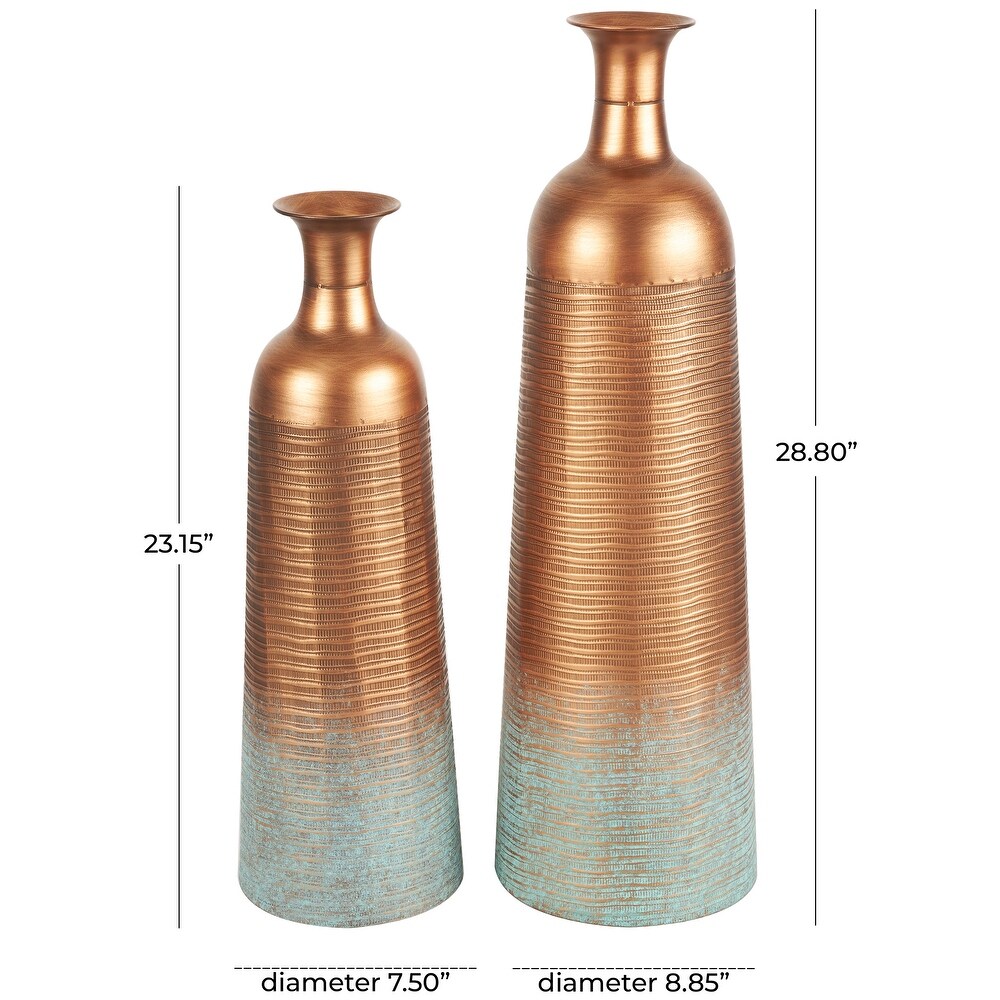 Copper Metal Ribbed Textured Vase with Distressed Teal Accents (Set of 2)