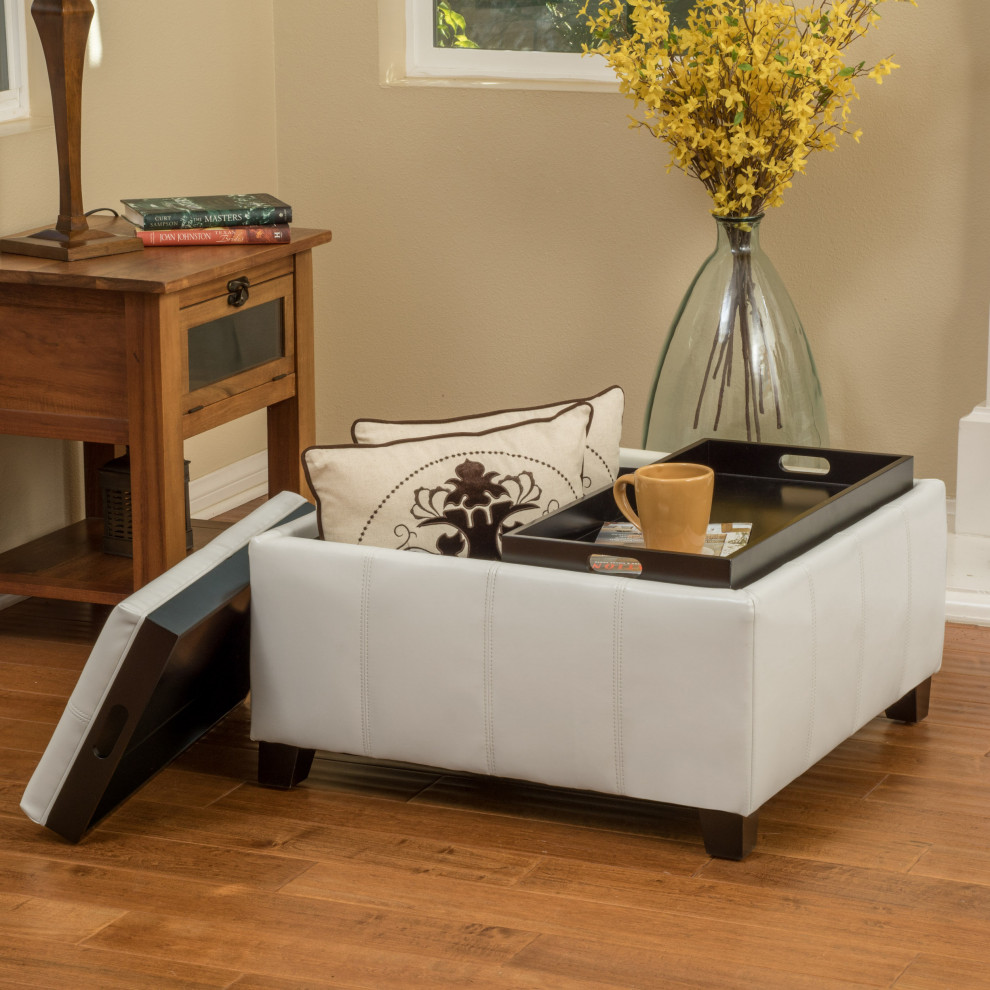 GDF Studio Justin Brown Leather Tray Top Storage Ottoman   Transitional   Footstools And Ottomans   by GDFStudio  Houzz