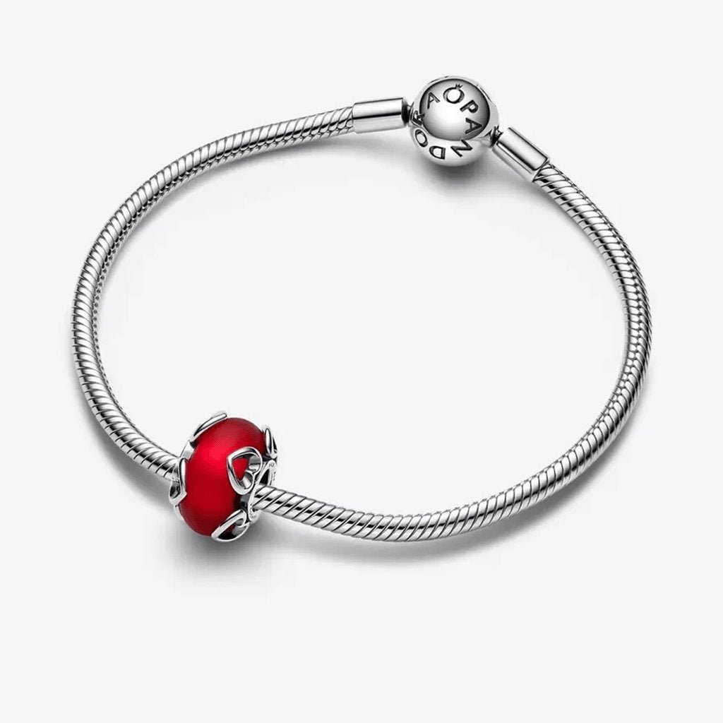 PANDORA  Frosted Red Murano Glass & Hearts Charm