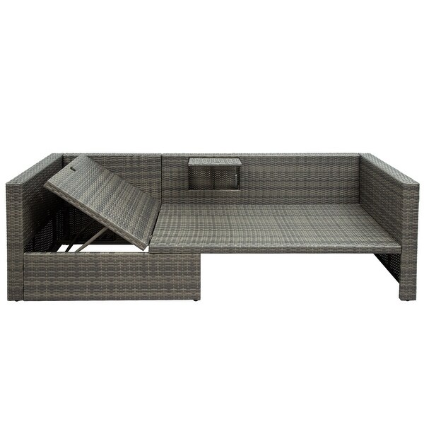 5Piece Patio Wicker Sofa with Adustable Backrest，Cushions，Ottomans and Lift Top Coffee Table