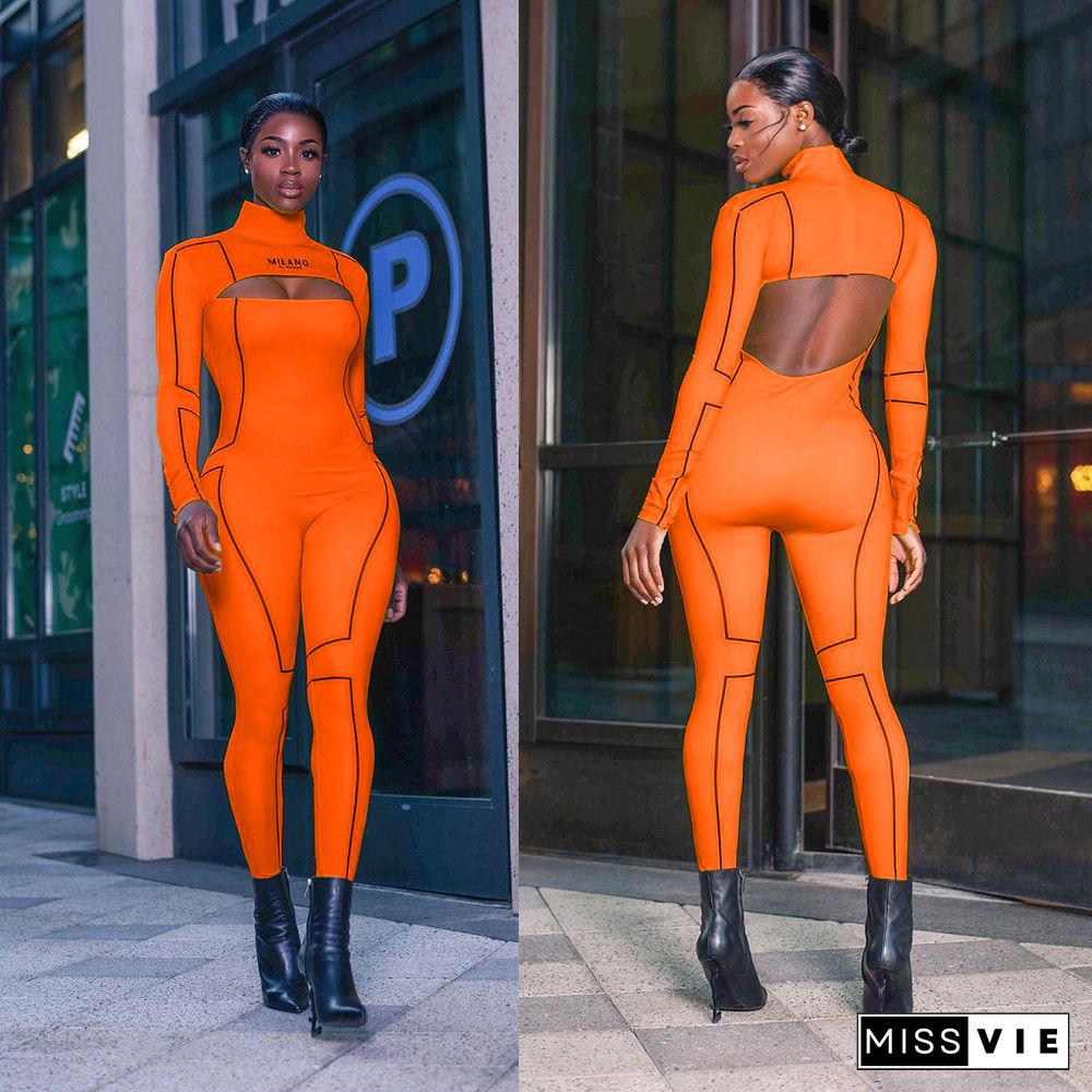 Fashion Hollowed-out Backless Long Sleeve High Neck Jumpsuit