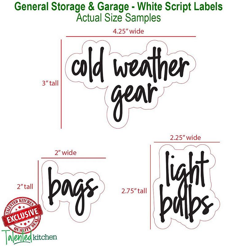 Talented Kitchen 136 Storage Room and Garage Organization Labels. White Script Preprinted Labels. Water Resistant Black on Clear Stickers. Organization System Labels for Bins and Boxes Holiday and Essential