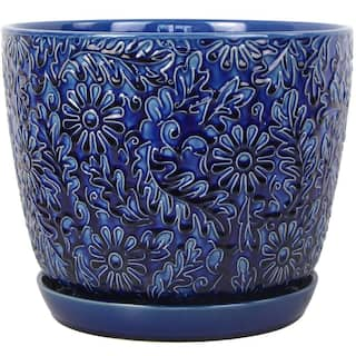 Vigoro 12 in. Lillian Blue Floral Decor Glazed Ceramic Planter (12 in. D x 10.2 in. H) with Drainage Hole and Attached Saucer HUCR02386S-12M