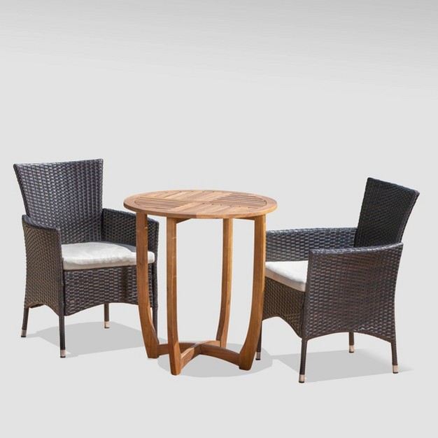 Ellie 3pc Acacia Wood Wicker Bistro Set Brown beige Christopher Knight Home