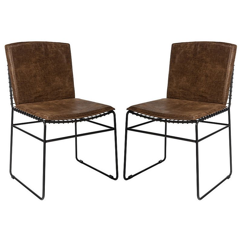 Grid Metal Leatherette Side Chairs with Sled Base， Set of 2， Brown and Black