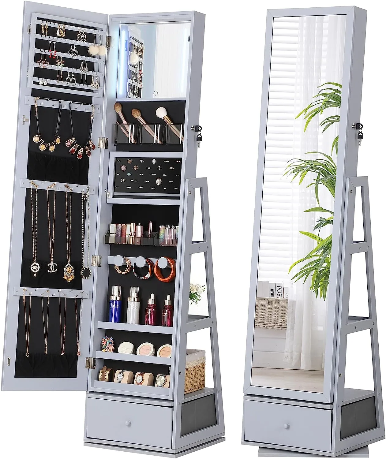 ⭐️360° Swivel Jewelry Cabinet with Lights - 🌟Touch Screen Vanity Mirror 🌟
