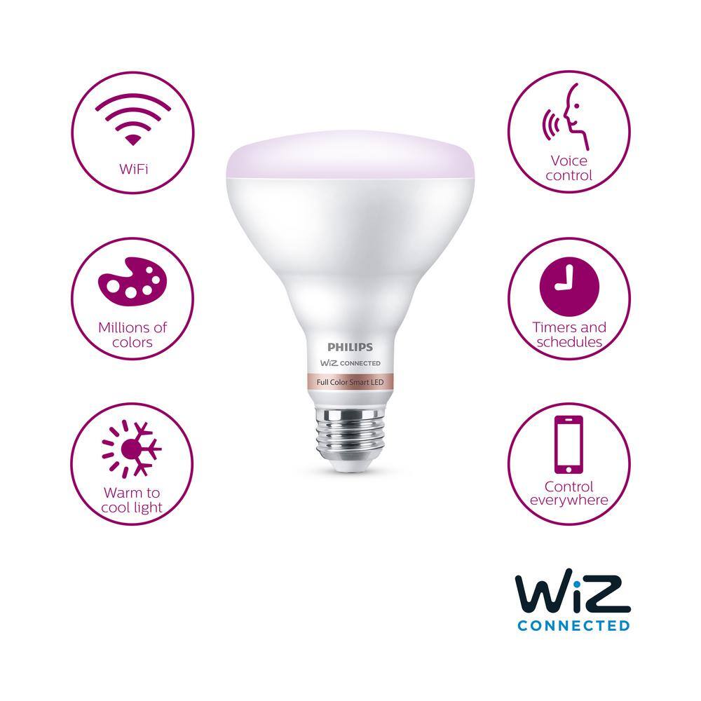 Philips 65-Watt Equivalent BR30 LED Smart Wi-Fi Color Changing Light Bulb Powered by WiZ with Bluetooth (1-Pack) 562728