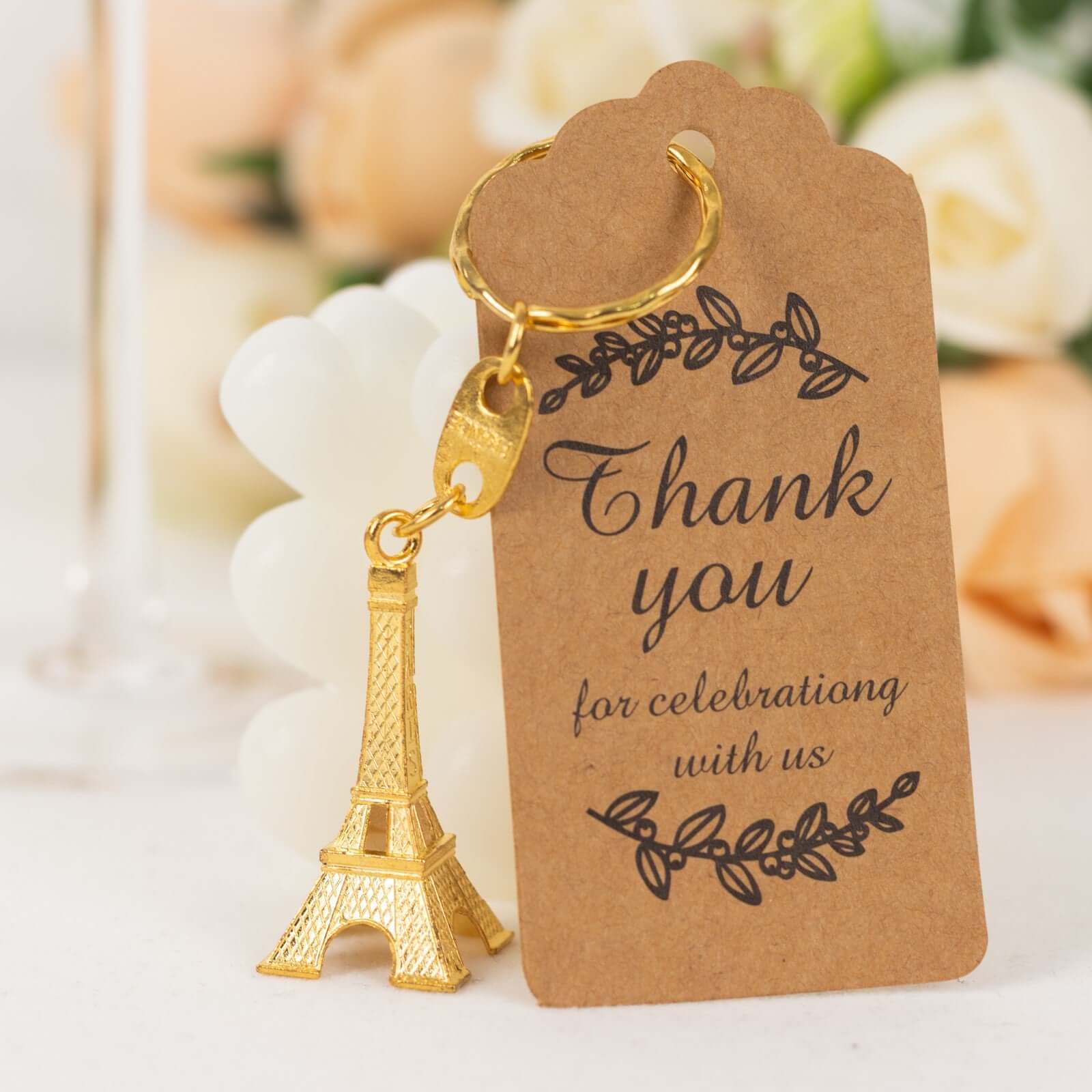 10 Pack Gold Plastic Paris Eiffel Tower Keychain Party Favor, Wedding Bridal Shower Souvenirs With Thank You Tag - 4