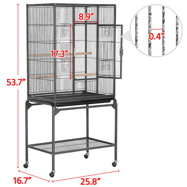 53.7''andnbsp;Metal Rolling Bird Cage with Stand， 4 Feeding Bowls， and 2 Perches， Black