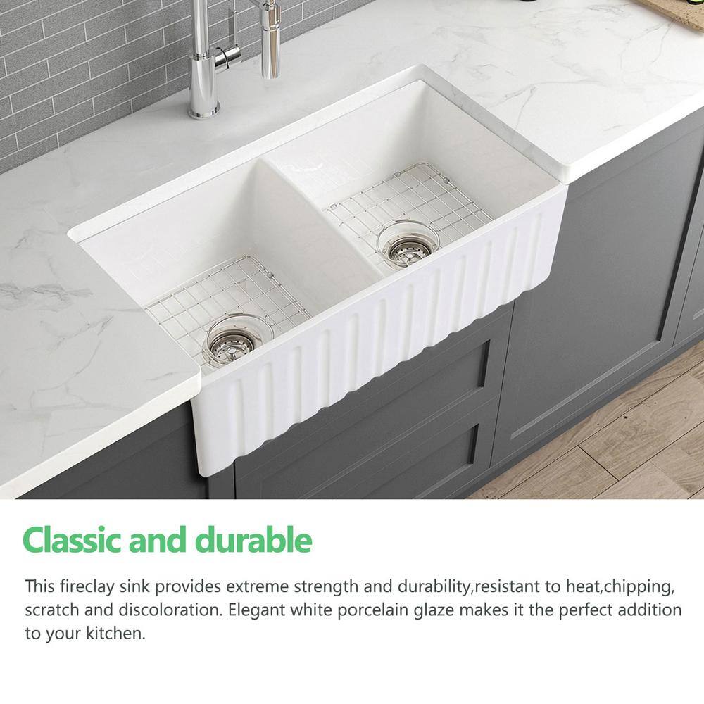 YASINU YSNSINK CPRO White Fireclay 33 in. x 20 in. 5050 Double Bowl Farmhouse Apron Kitchen Sink with Grid and Strainer YNCAD8229WH