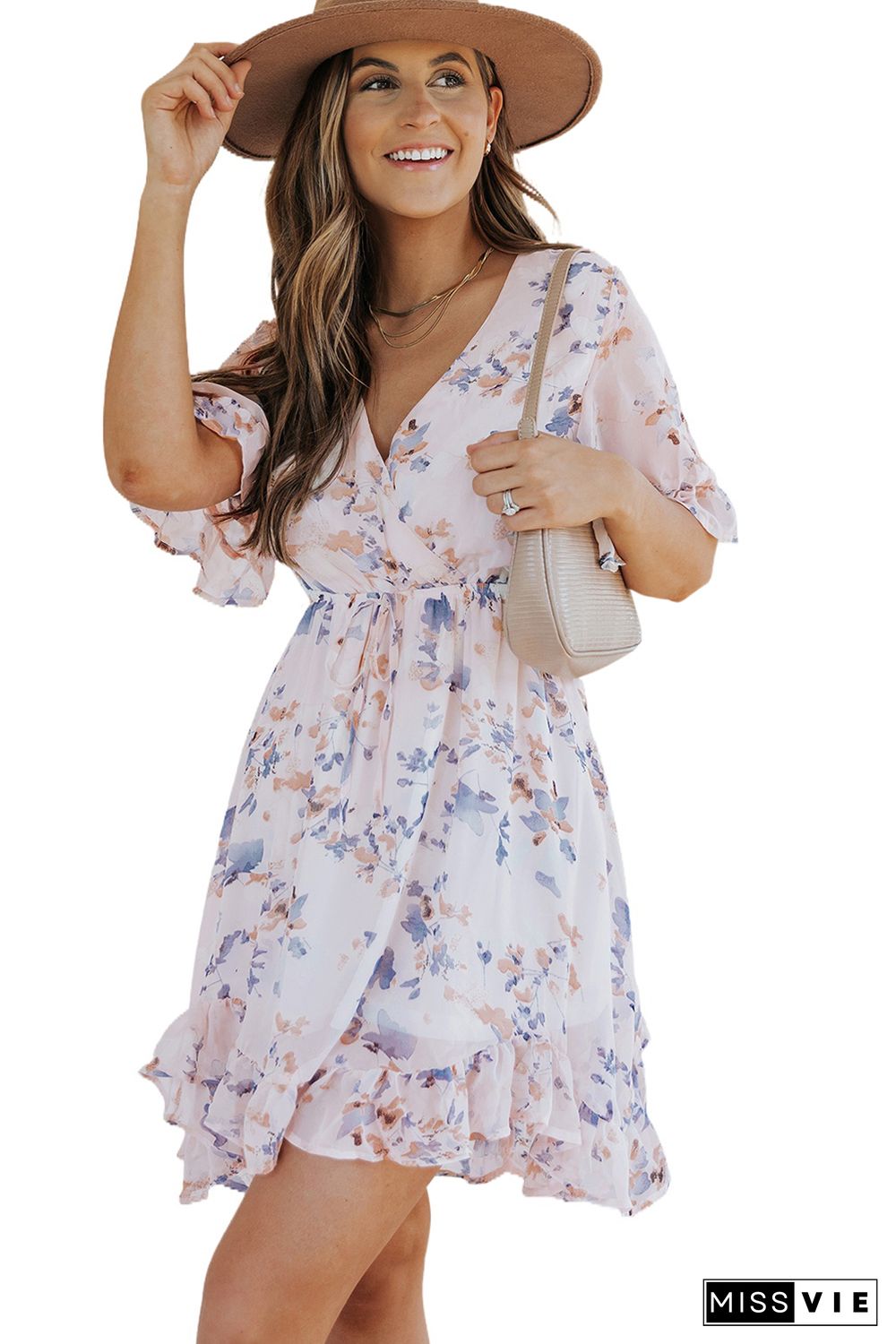 Pink Floral Print Flared Sleeve Ruffle Dress